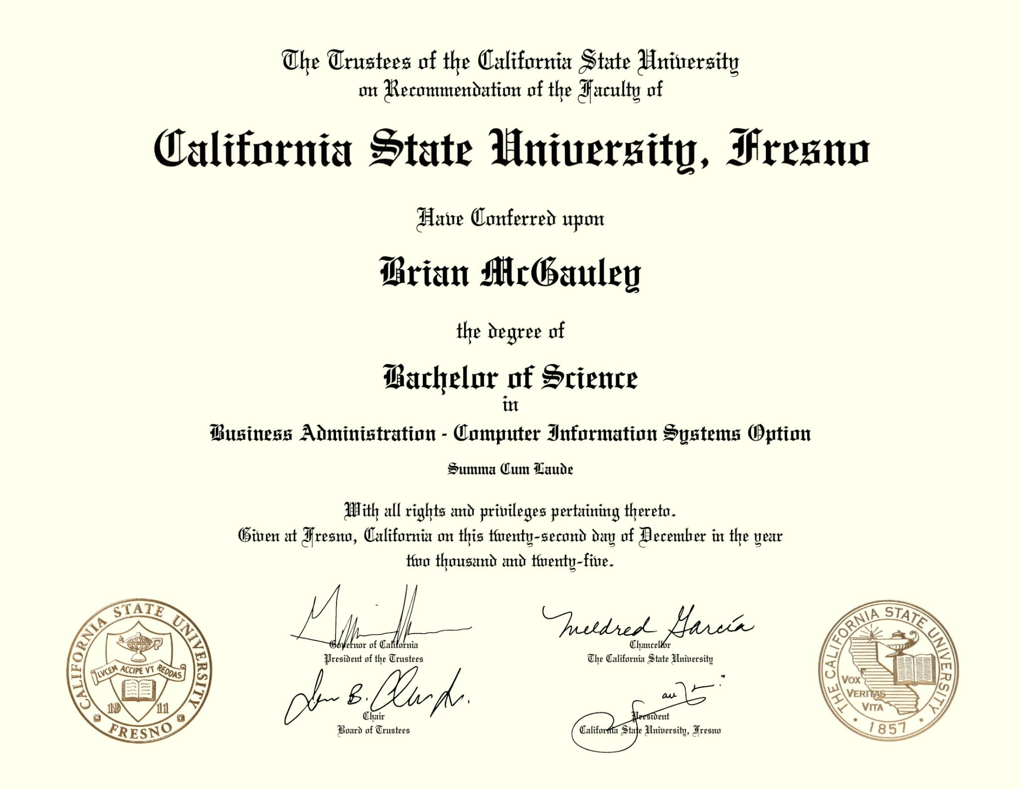 Bachelor of Science Diploma – California State University, Fresno